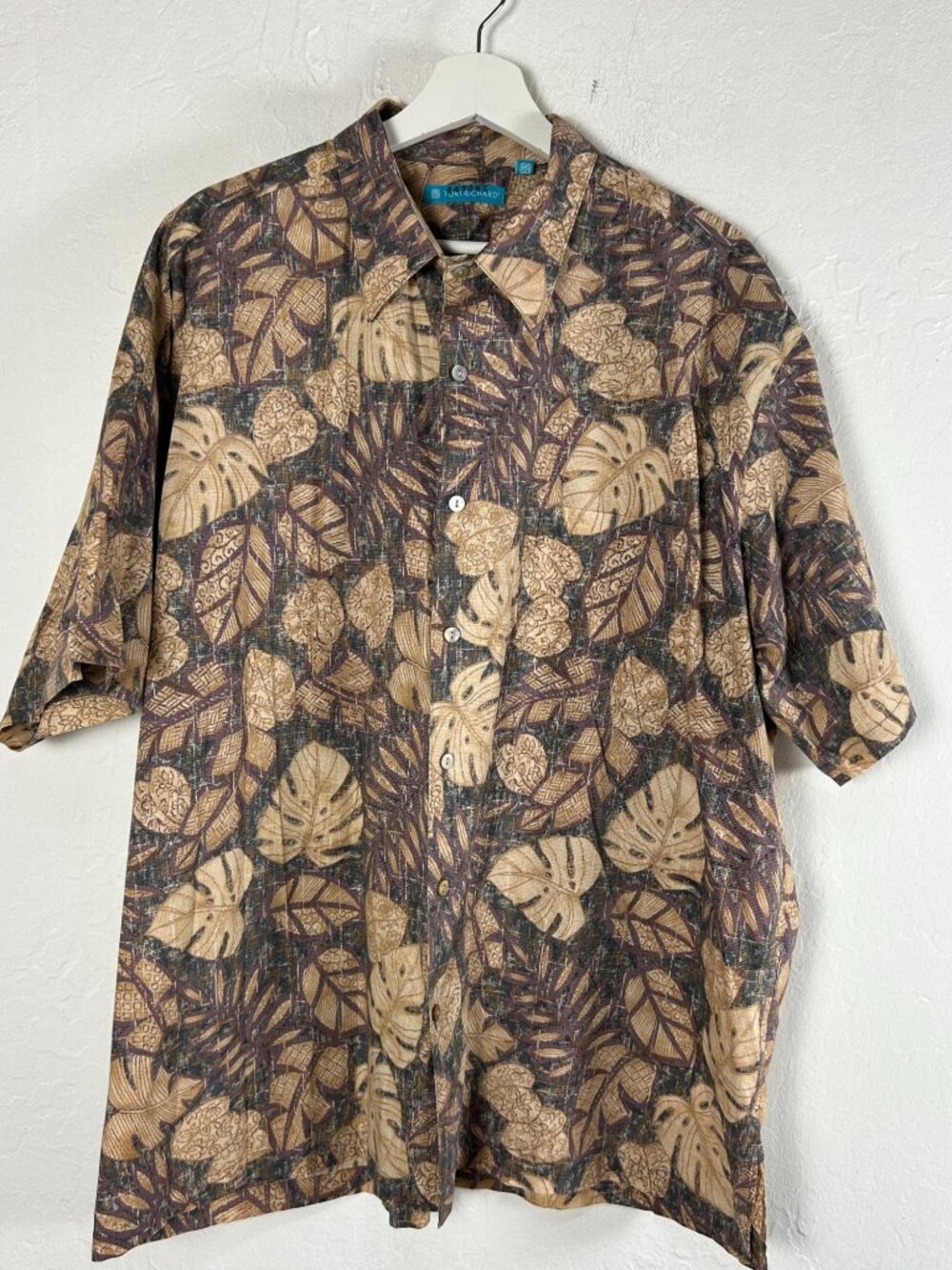 Tori Richard Mens Hawaiian Shirt 2XL Beige Purple Tropical Leaf Cotton Lawn
